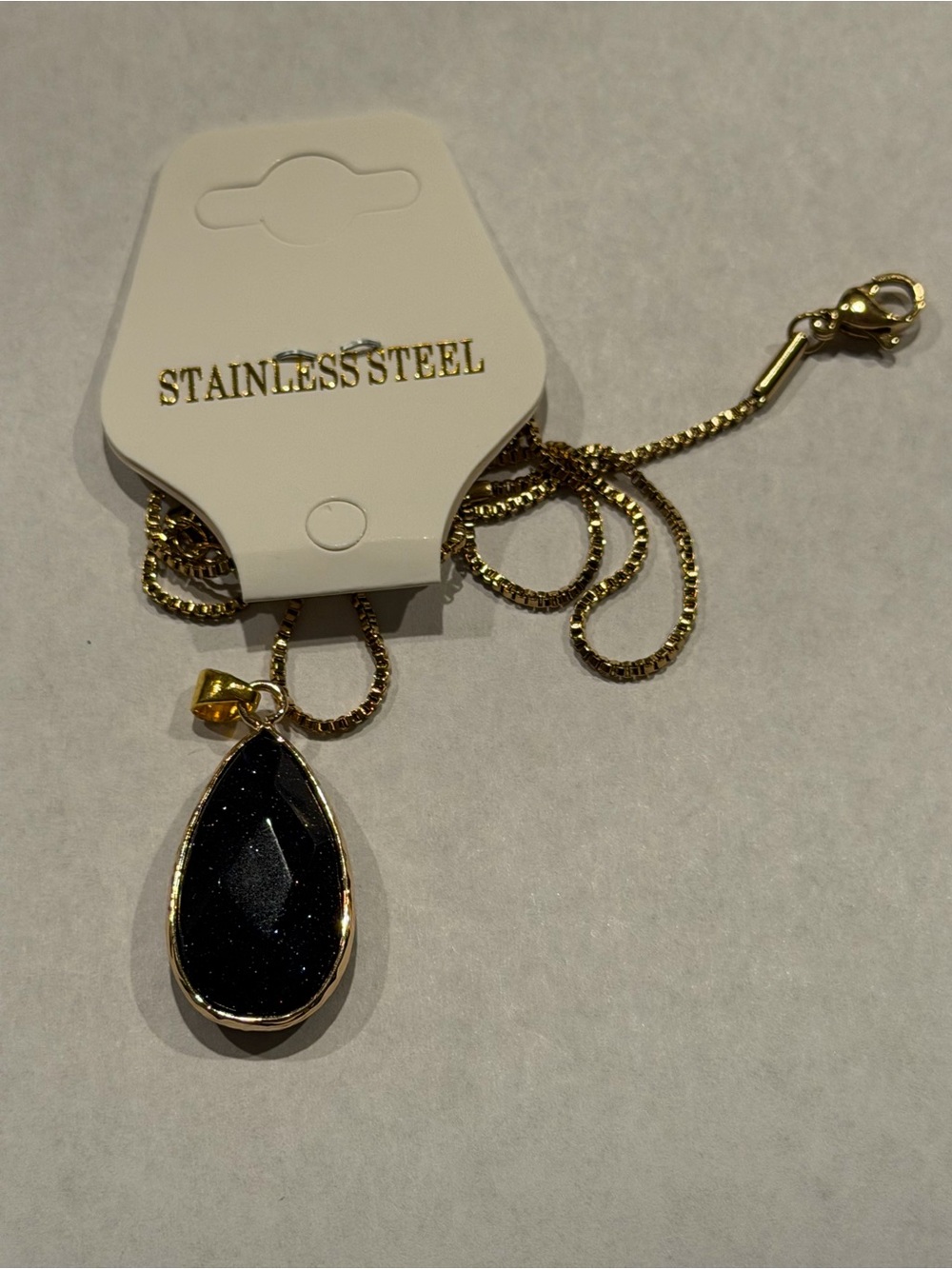 Gold Stainless Steel Necklace with Blue moonstone Teardrop Pendant